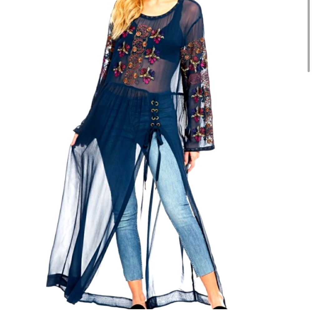 Free people floral embroidered tunic maxi dress